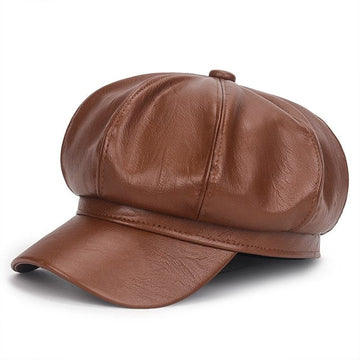 Sophie | Stijlvolle leren baret in de kleur Koffie voor dames in stijl ideaal voor de winter