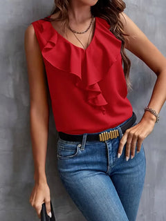 blouse met V-hals en ruffles