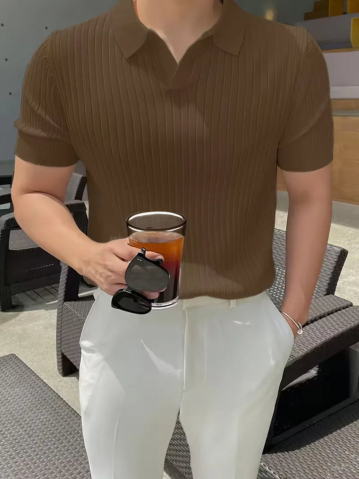 Polo met V-neck en ribbed texture