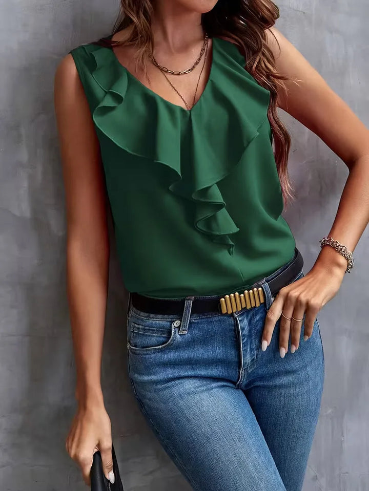 blouse met V-hals en ruffles