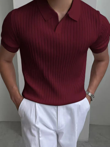 Polo met V-neck en ribbed texture