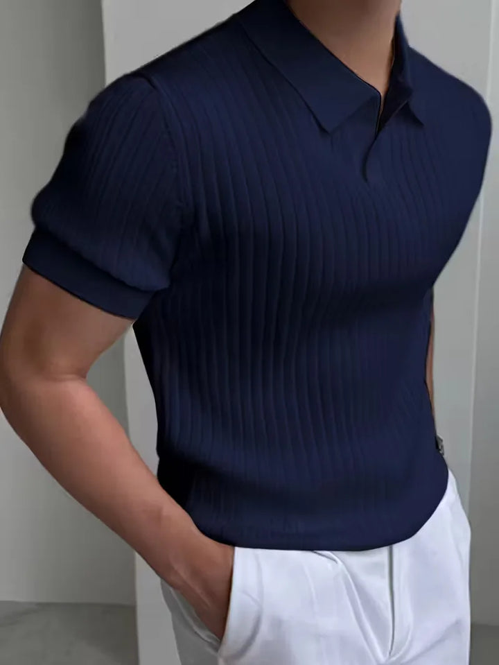 Polo met V-neck en ribbed texture
