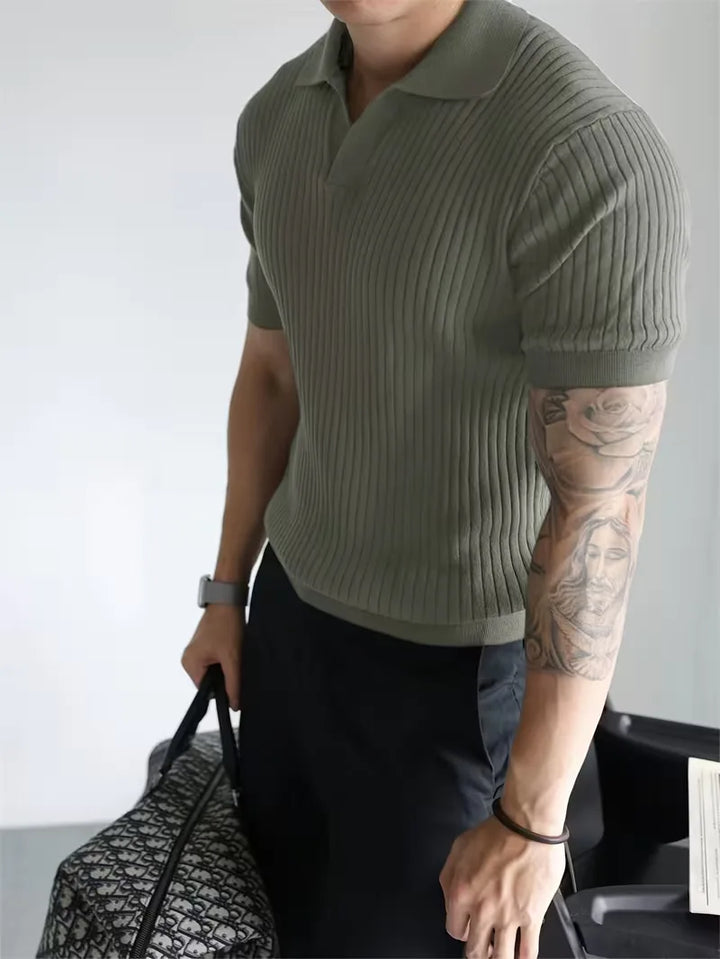 Polo met V-neck en ribbed texture