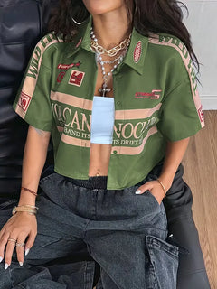 Cropped shirt met mandarin collar