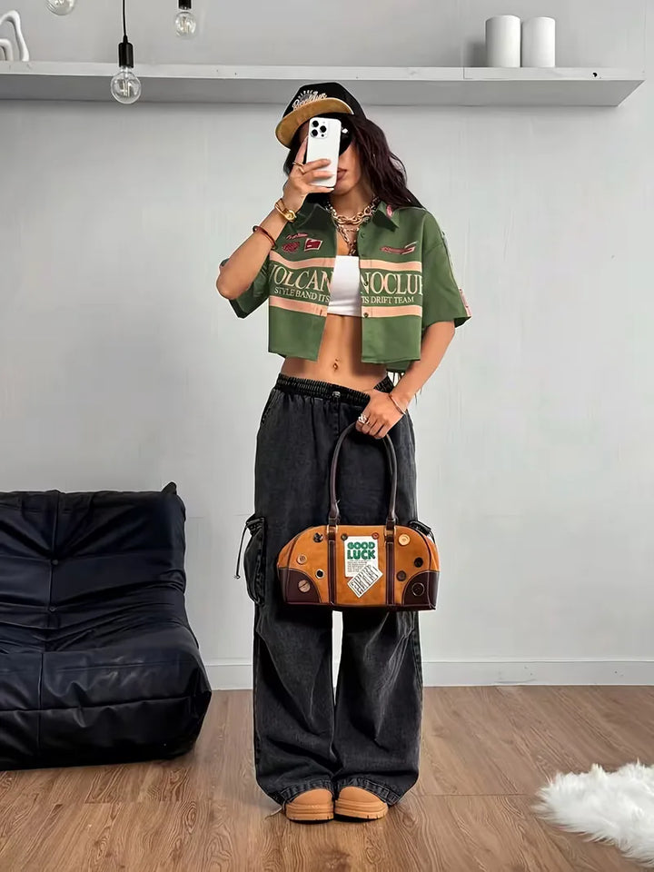 Cropped shirt met mandarin collar