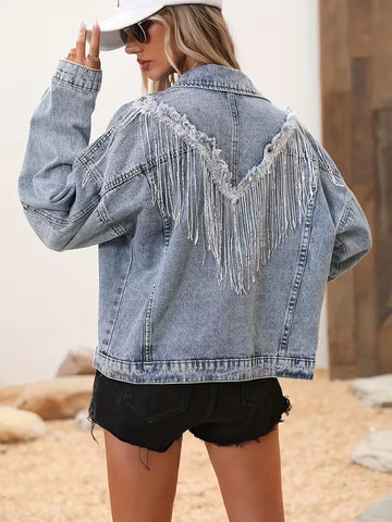 Spijkerjas met sequin fringe detail