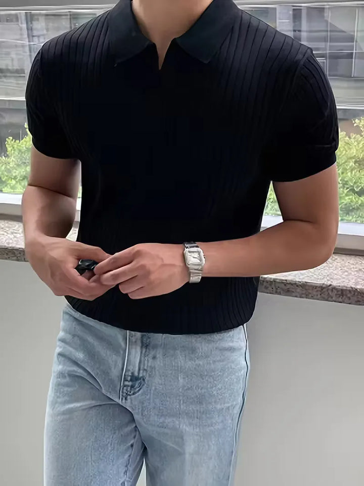Polo met V-neck en ribbed texture