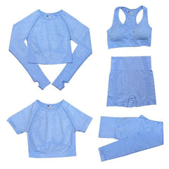 5-delige Sport Set | Dames tops en sportleggings met hoge taille in de kleur Blauw voor dames in stijl geschikt voor alle seizoenen.