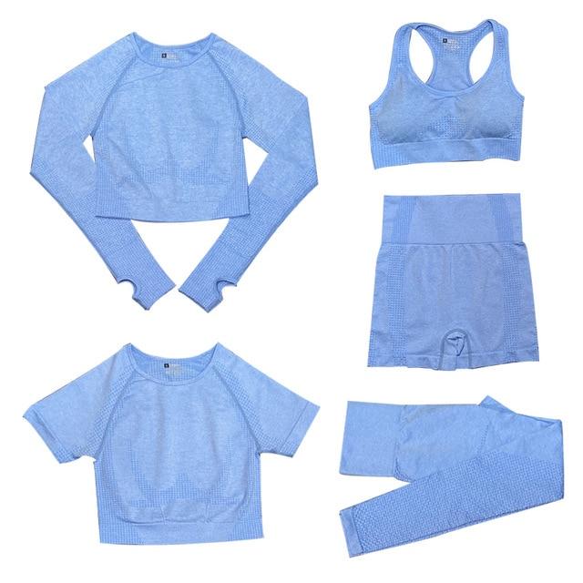5-delige Sport Set | Dames tops en sportleggings met hoge taille in de kleur Blauw voor dames in stijl geschikt voor alle seizoenen.