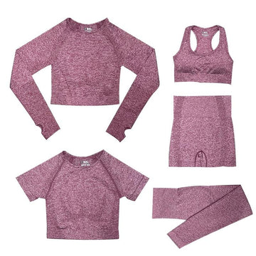 5-delige Sport Set | Dames tops en sportleggings met hoge taille in de kleur Wijnrood voor dames in stijl geschikt voor alle seizoenen.