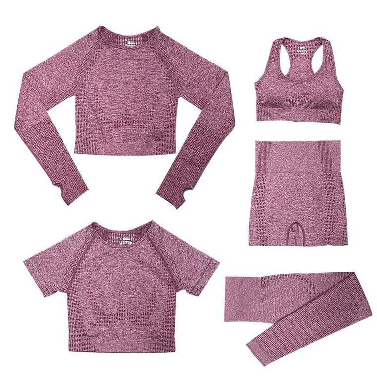 5-delige Sport Set | Dames tops en sportleggings met hoge taille in de kleur Wijnrood voor dames in stijl geschikt voor alle seizoenen.