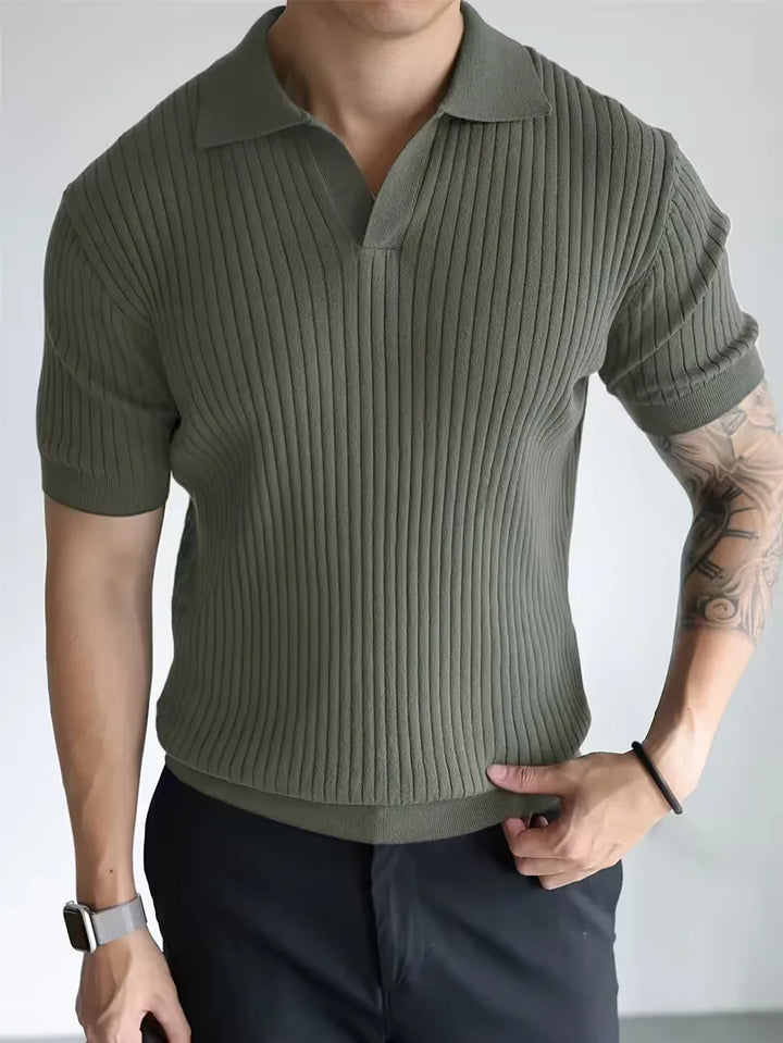 Polo met V-neck en ribbed texture