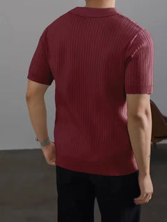 Polo met V-neck en ribbed texture
