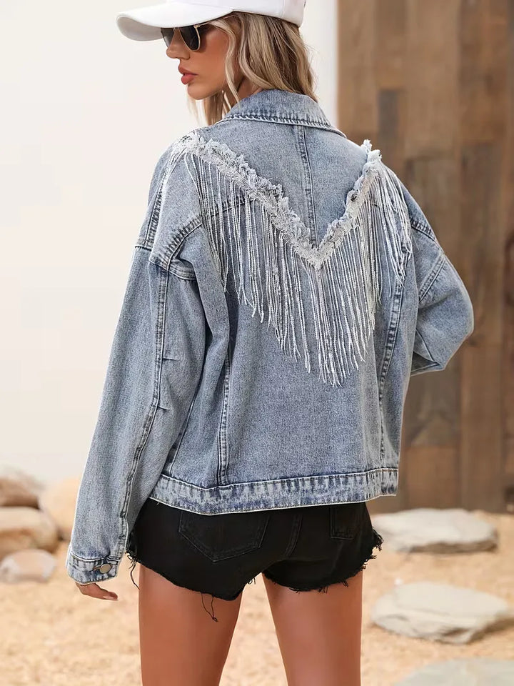 Spijkerjas met sequin fringe detail
