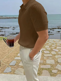 Polo met V-neck en ribbed texture