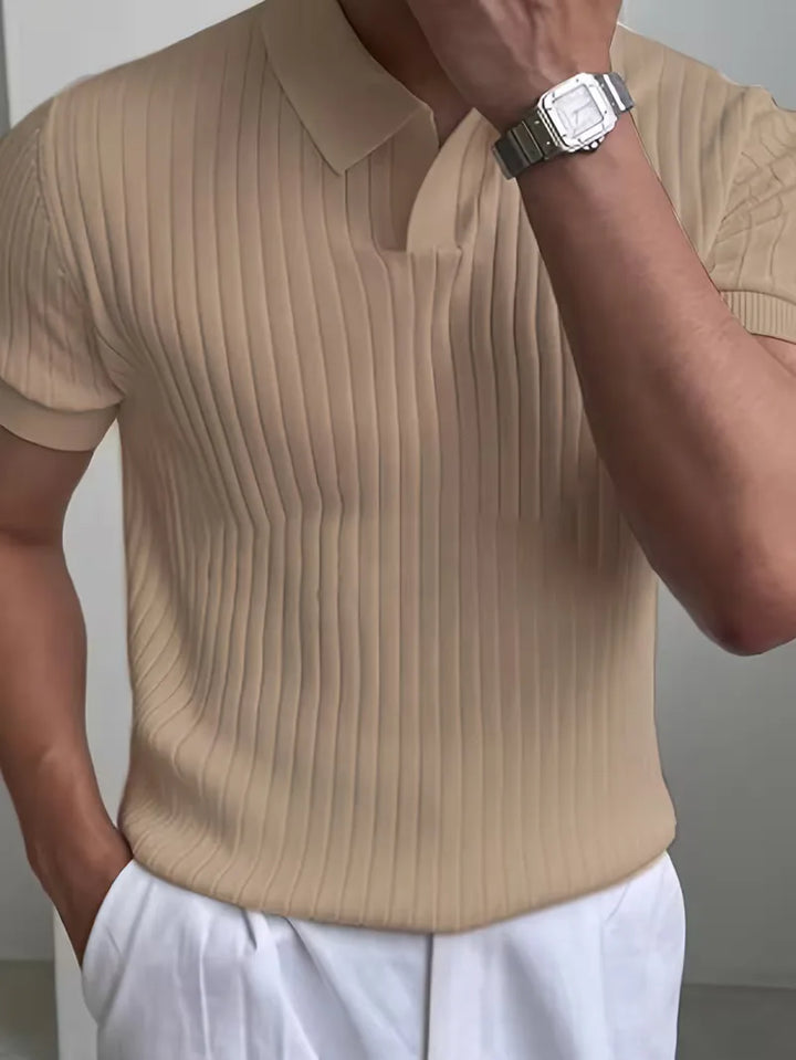 Polo met V-neck en ribbed texture