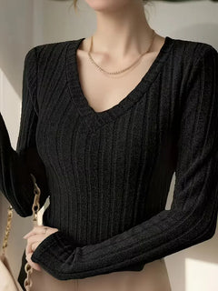 Longsleeve met V-hals en ribbelstructuur