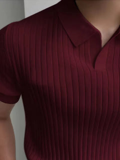 Polo met V-neck en ribbed texture