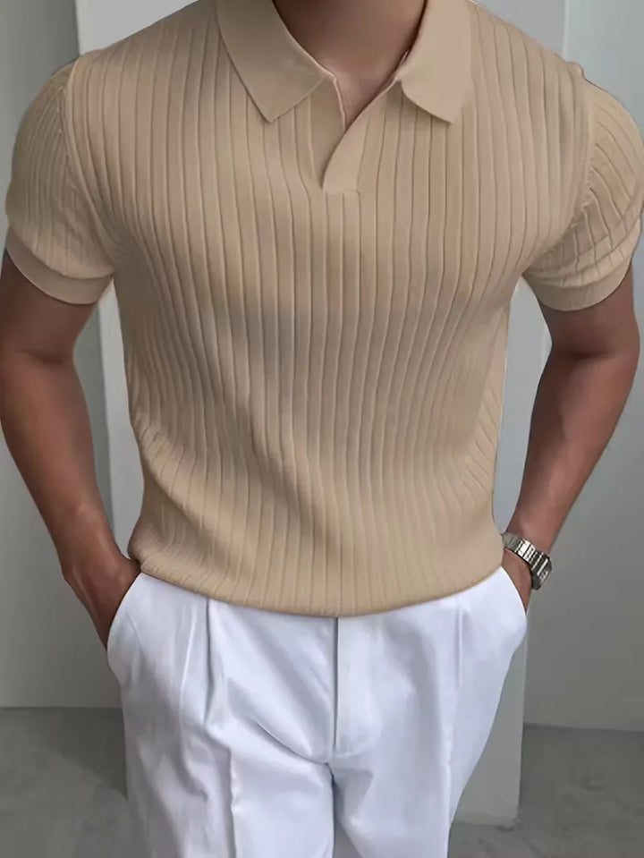 Polo met V-neck en ribbed texture