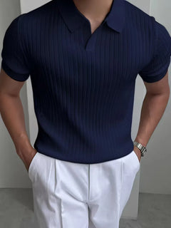 Polo met V-neck en ribbed texture