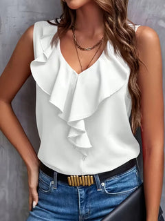 blouse met V-hals en ruffles