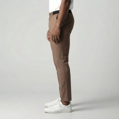 Slim fit lichtbruine stretch broek met elastische tailleband