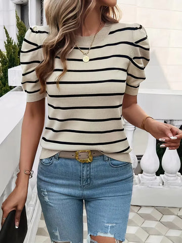 T-shirt dames met strepen en puffed sleeves