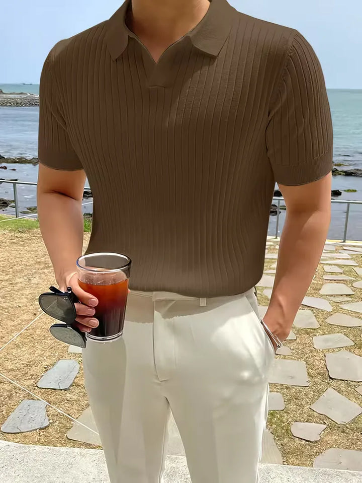 Polo met V-neck en ribbed texture