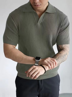 Polo met V-neck en ribbed texture