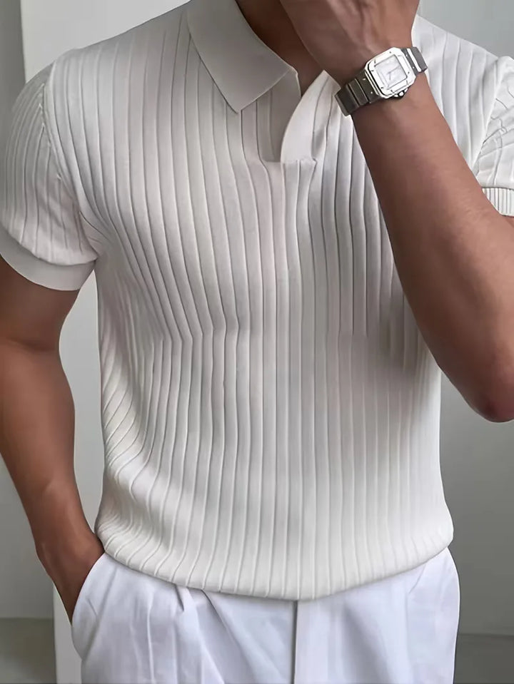 Polo met V-neck en ribbed texture