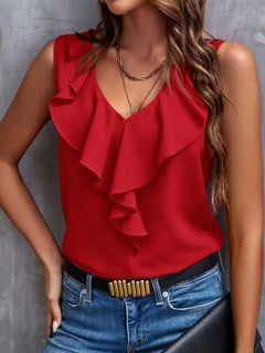 blouse met V-hals en ruffles
