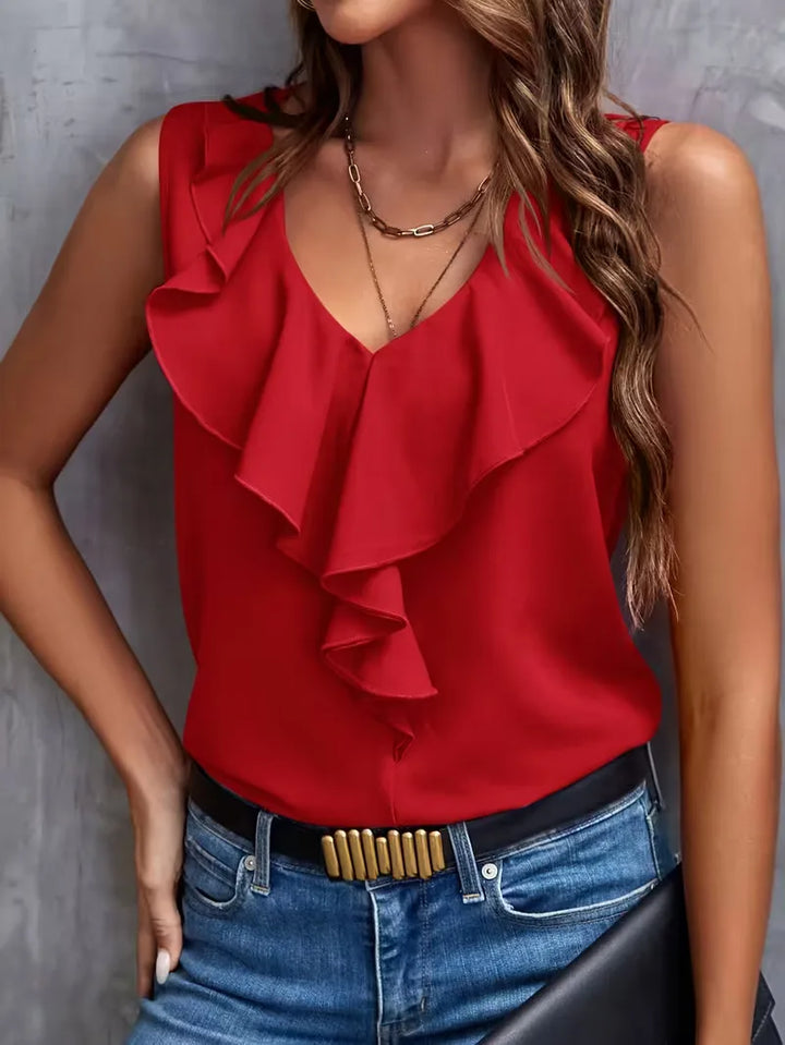 blouse met V-hals en ruffles