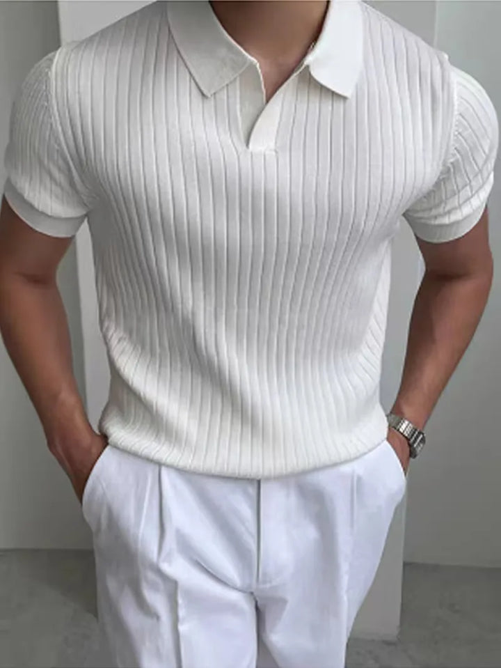 Polo met V-neck en ribbed texture