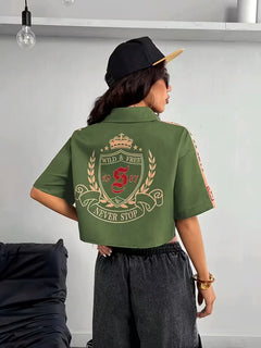 Cropped shirt met mandarin collar