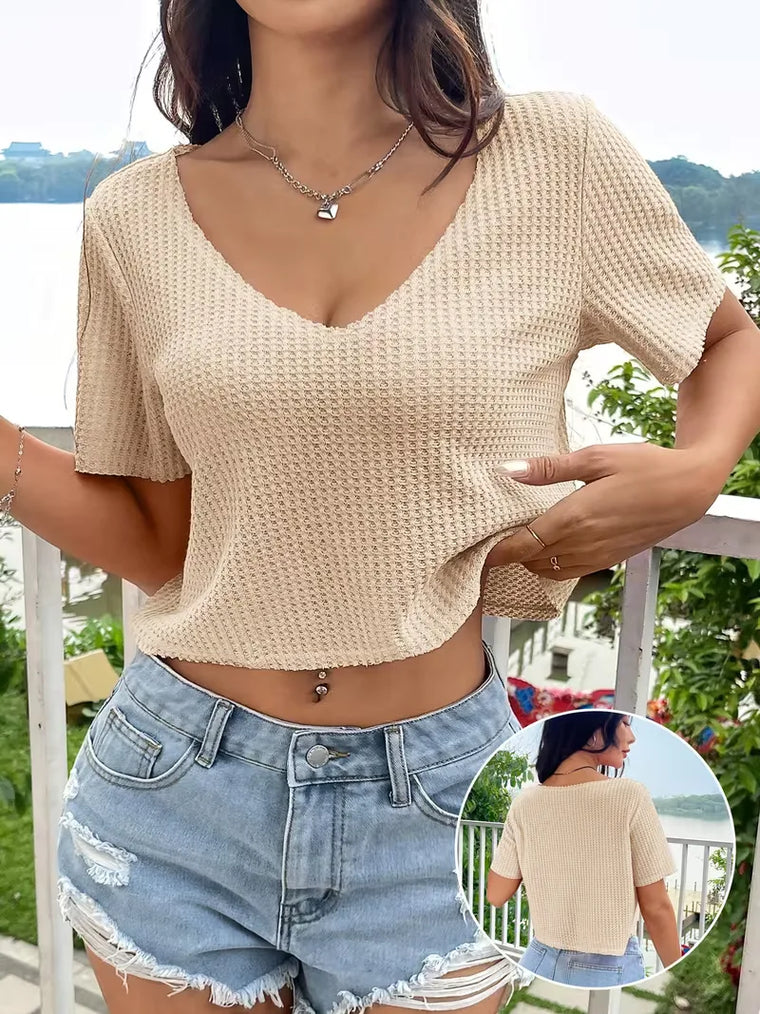 Beige crop top met V-hals