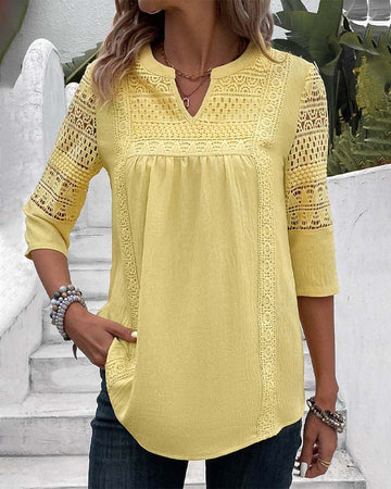 Citroen gele top met 3/4 mouwen in de kleur Geel voor dames in stijl ideaal voor de herfst.