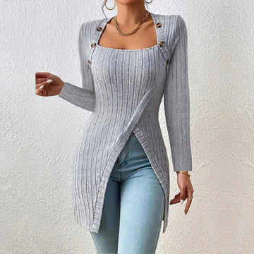 Claudia | Asymmetrische geribbelde cardigan in de kleur Grijs voor dames in stijl ideaal voor de herfst.