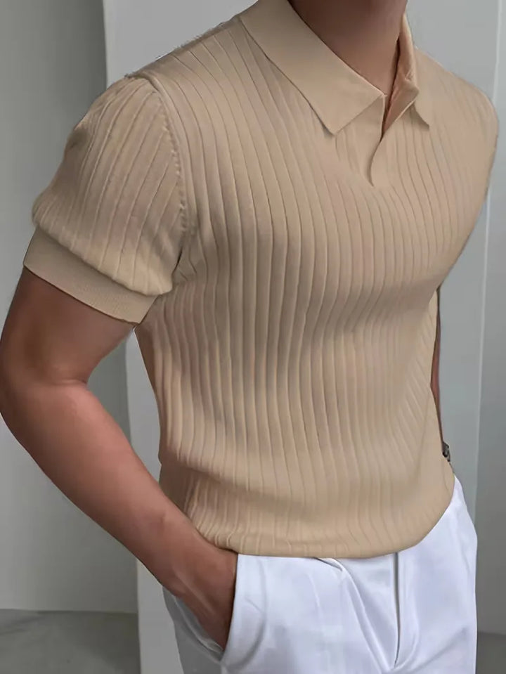 Polo met V-neck en ribbed texture