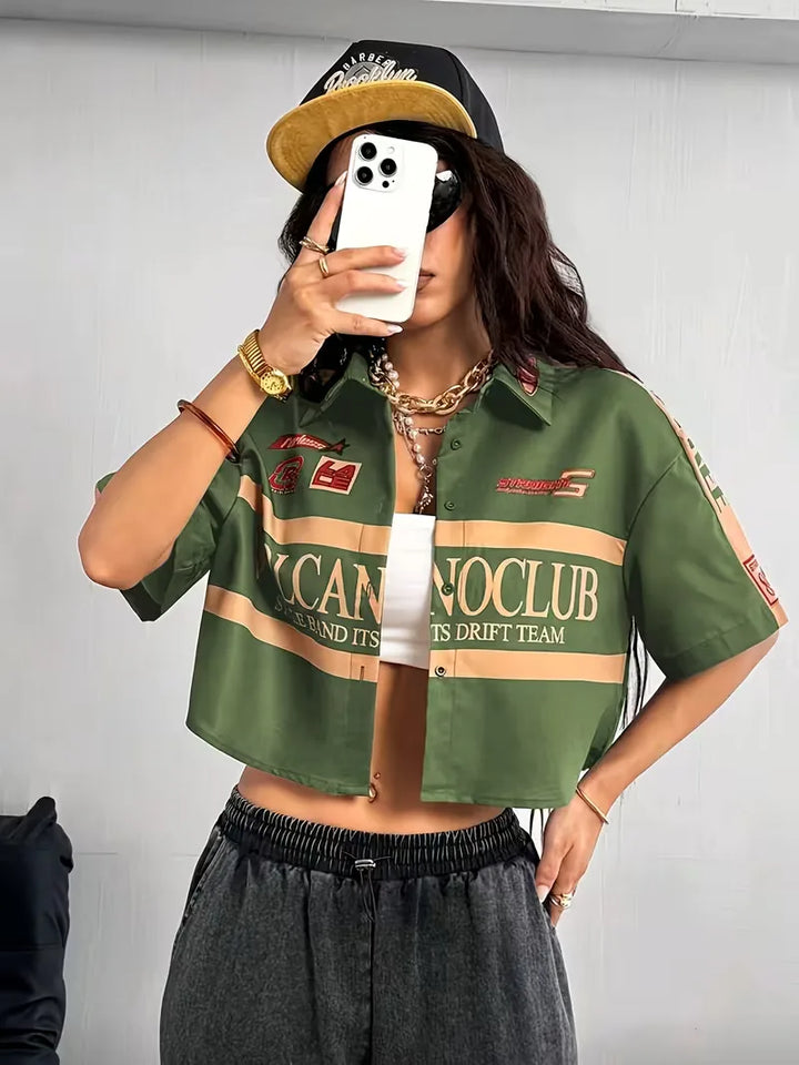 Cropped shirt met mandarin collar