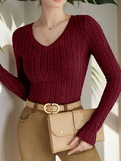 Longsleeve met V-hals en ribbelstructuur