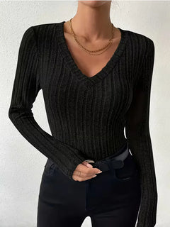 Longsleeve met V-hals en ribbelstructuur