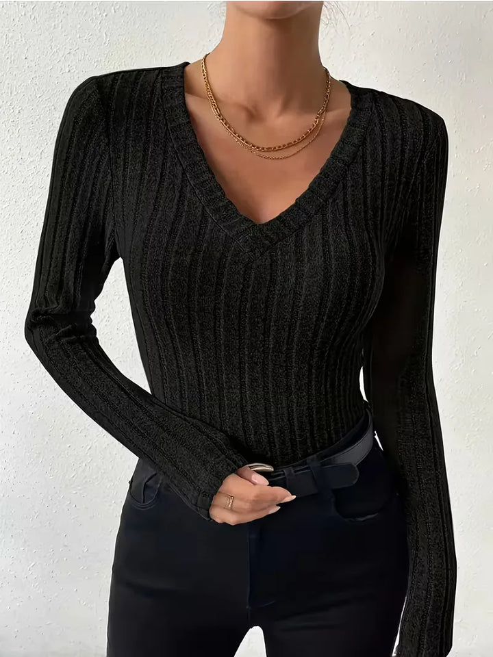 Longsleeve met V-hals en ribbelstructuur