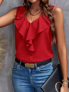 blouse met V-hals en ruffles