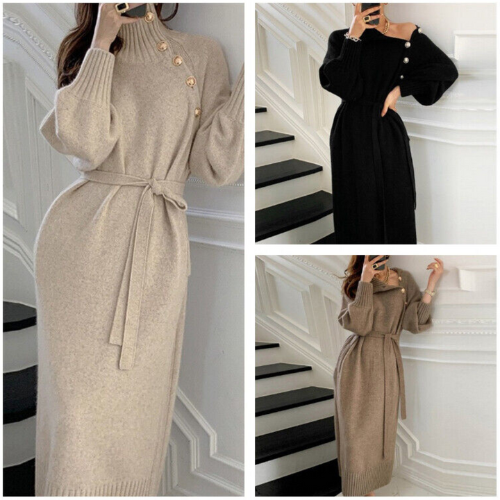 Eva | Luxe damesjurk in de kleur Beige voor dames in stijl ideaal voor de herfst.