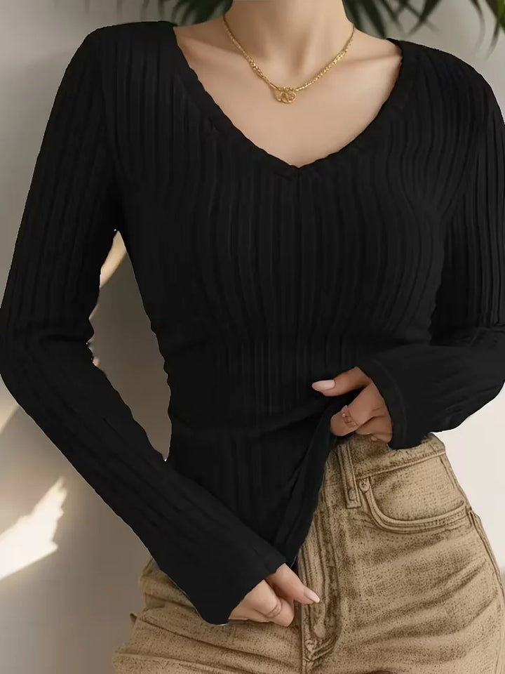 Longsleeve met V-hals en ribbelstructuur