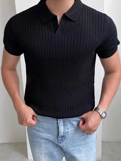 Polo met V-neck en ribbed texture