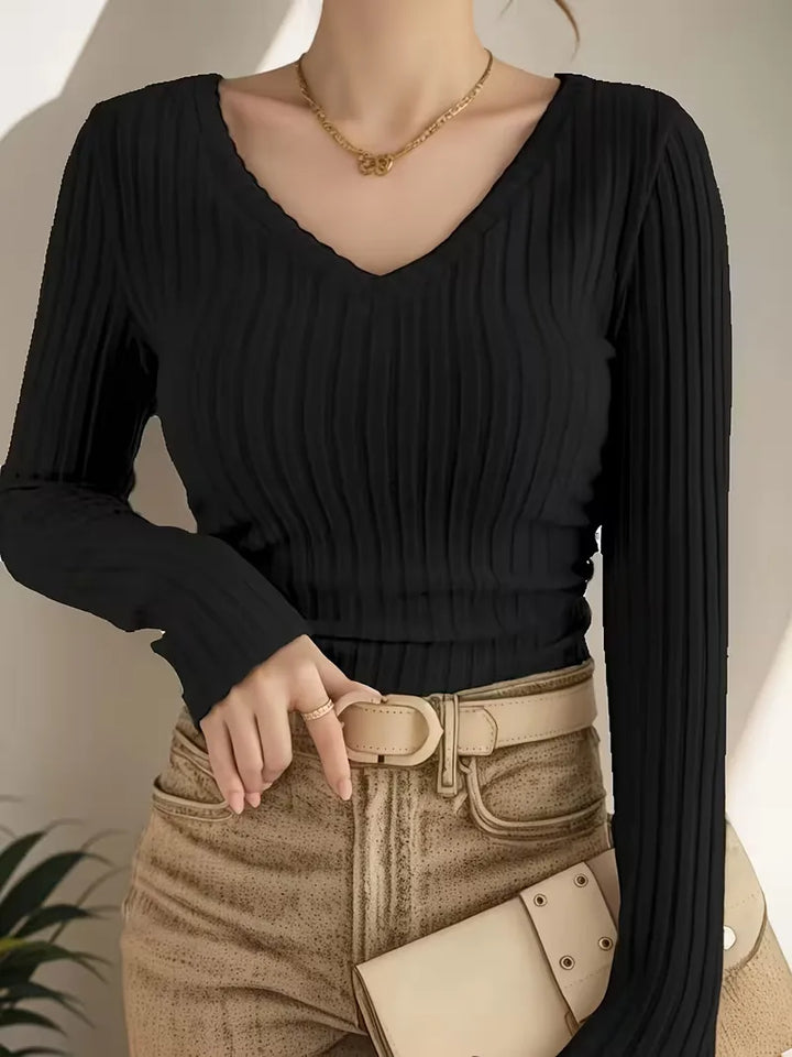 Longsleeve met V-hals en ribbelstructuur