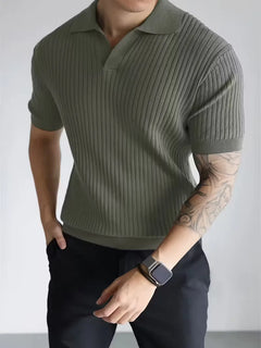 Polo met V-neck en ribbed texture