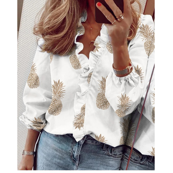 Femke | Chiffon blouse met pluches in de kleur Wit/Bruin voor dames in stijl ideaal voor de herfst.