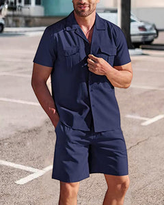 Herenoverhemd en korte broek in de kleur Donkerblauw voor heren in stijl ideaal voor de lente.